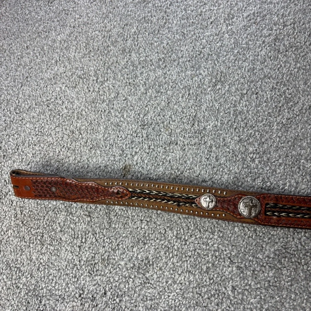 vtg Western Leather‎ Belt braided horsehair inlay cross Brown Conchos Studded 38